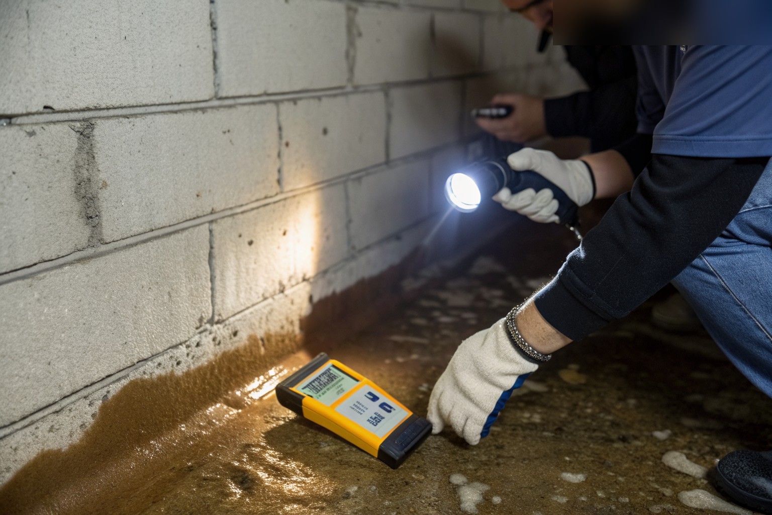 Gloved hands with a flashlight and a moisture meter at the base of a damp block basement wall