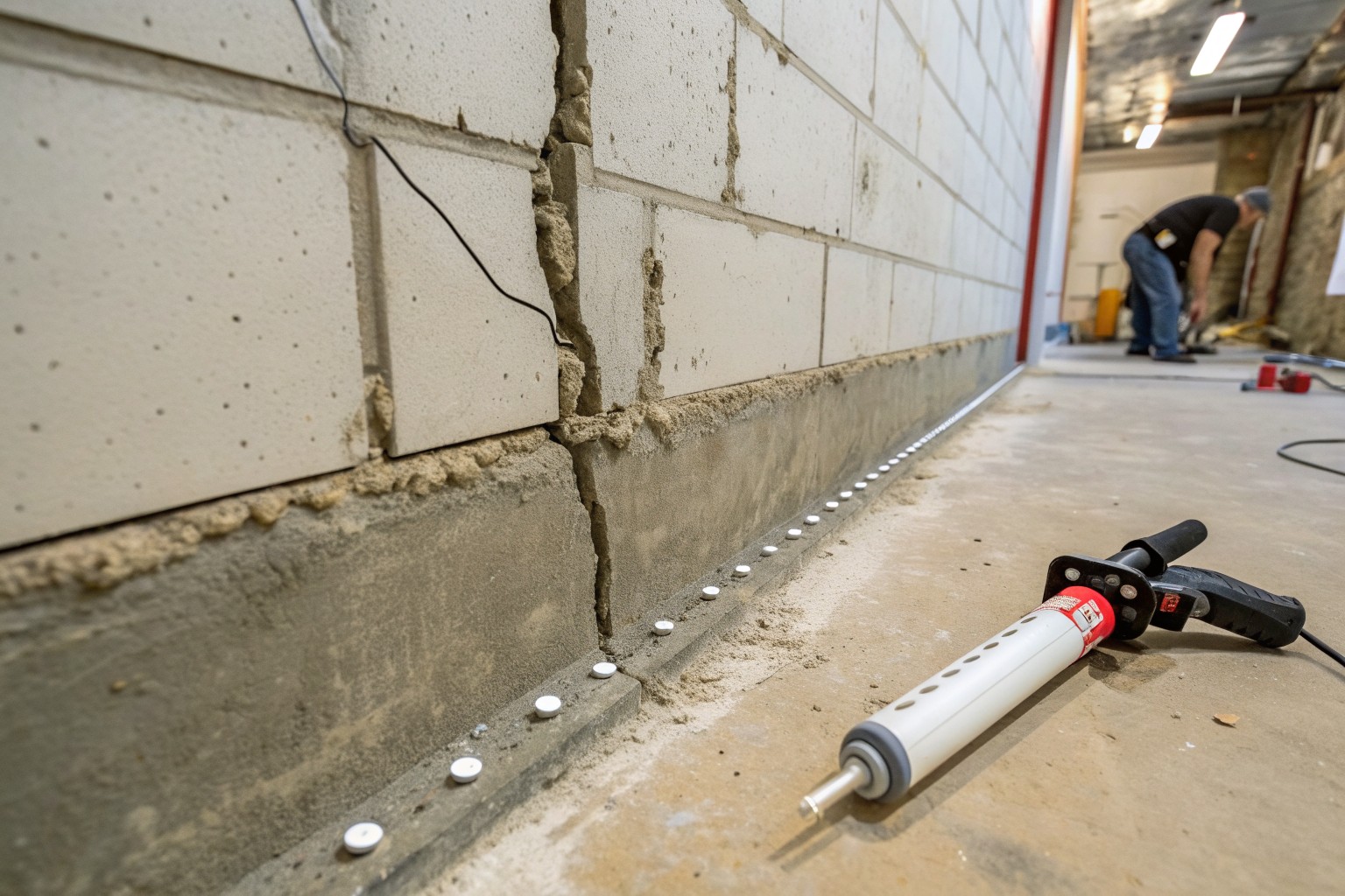 A crack in a block basement wall with a row of small injection ports set along it