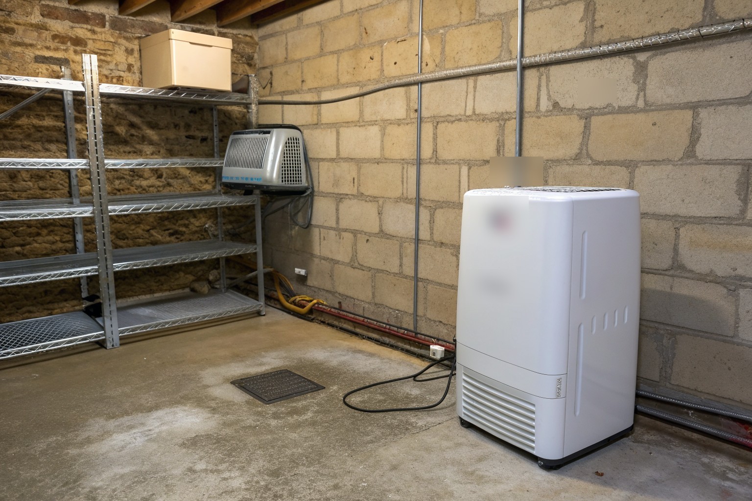 A white dehumidifier on the floor of an unfinished basement beside metal shelving and a floor drain