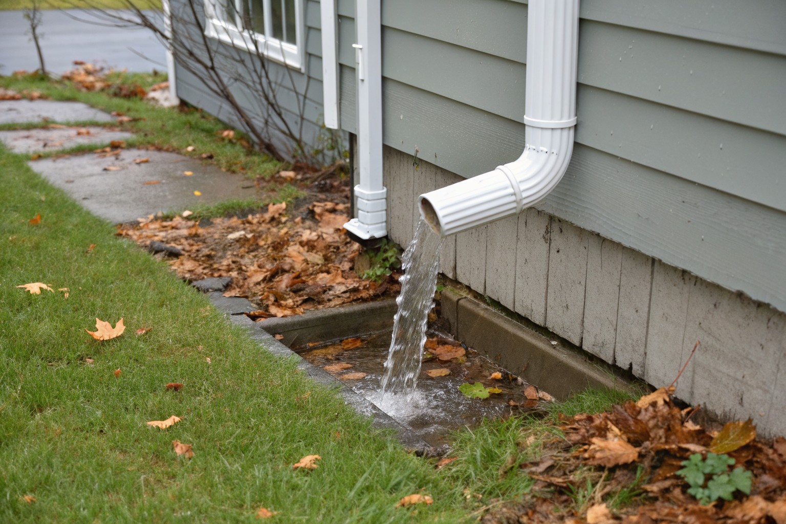 A white downspout with a hinged extension sending rainwater into a lawn beside a gray-sided house