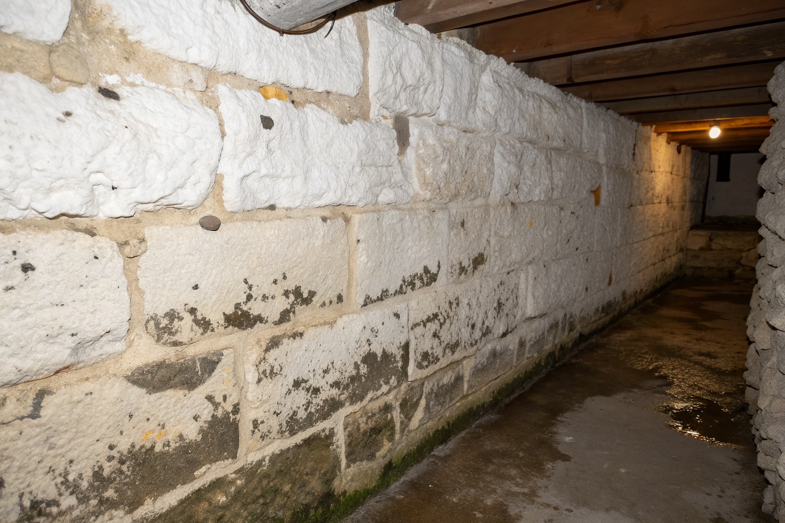 White crusty deposits and damp patches on a rough sandstone block foundation wall