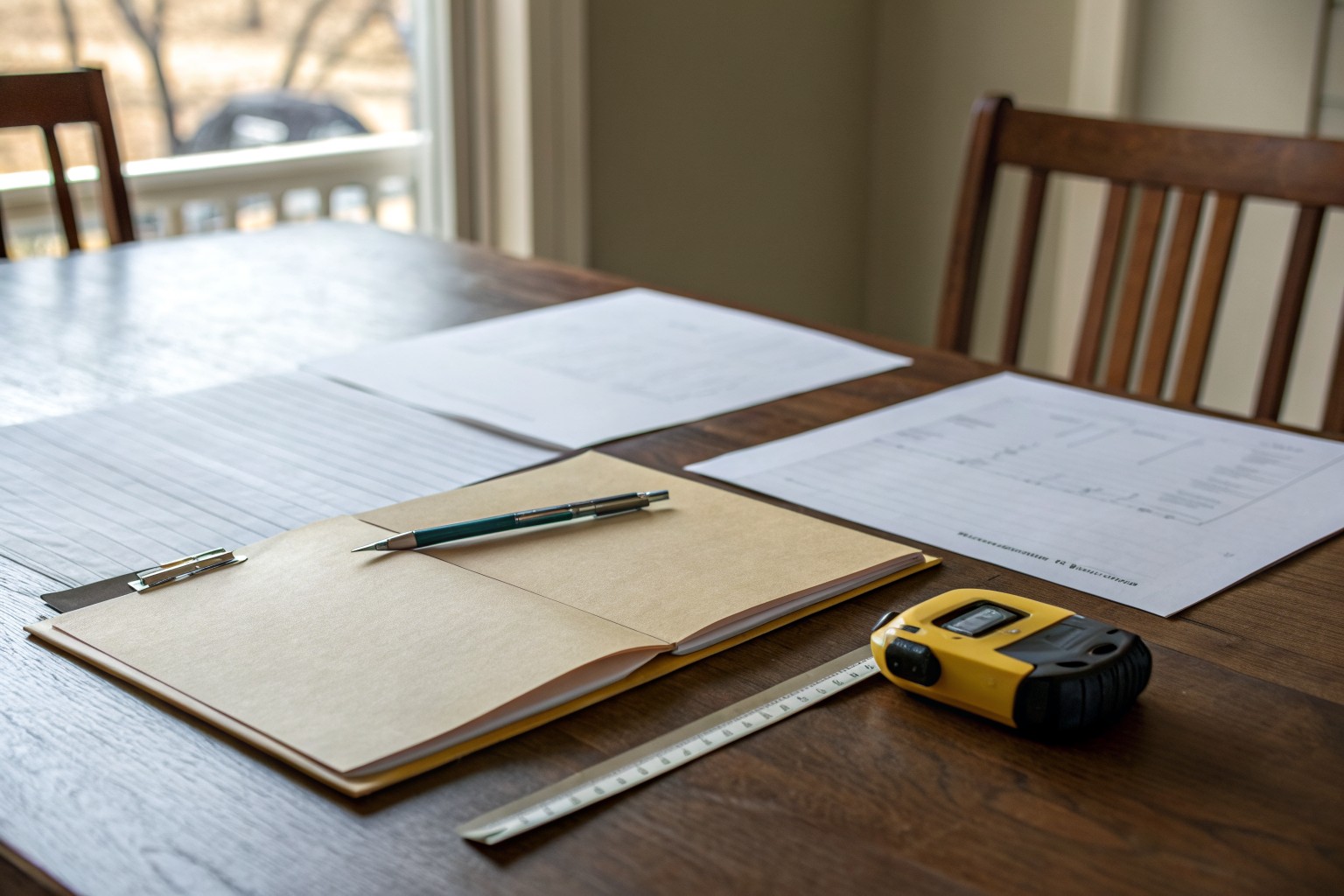 A manila folder, blank sheets, a pencil and a laser measure on a dining table