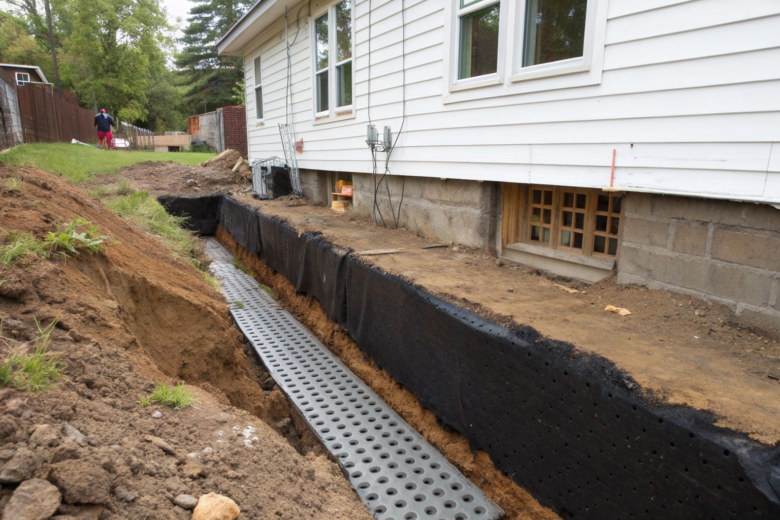 An excavated trench in brown clay exposing a block foundation coated in black membrane and drainage board