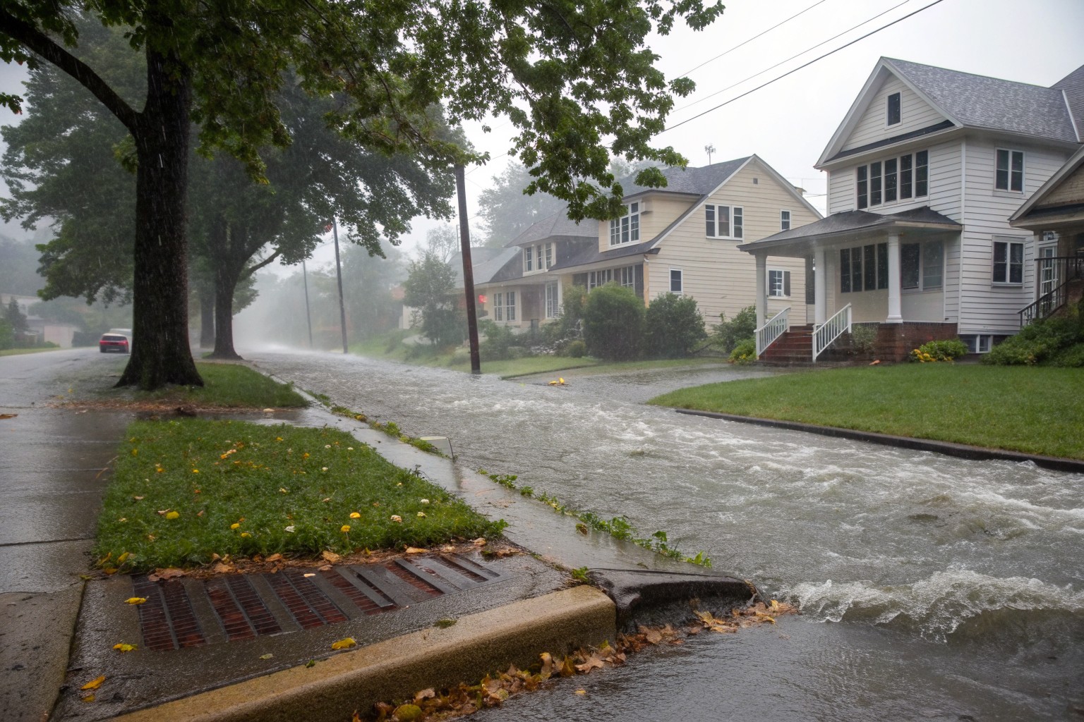 Rain rushing along the curb to a storm drain on a sloping street of older frame houses