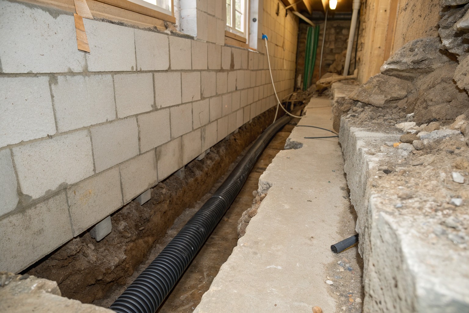 A trench broken out along a block wall with black corrugated pipe in washed stone