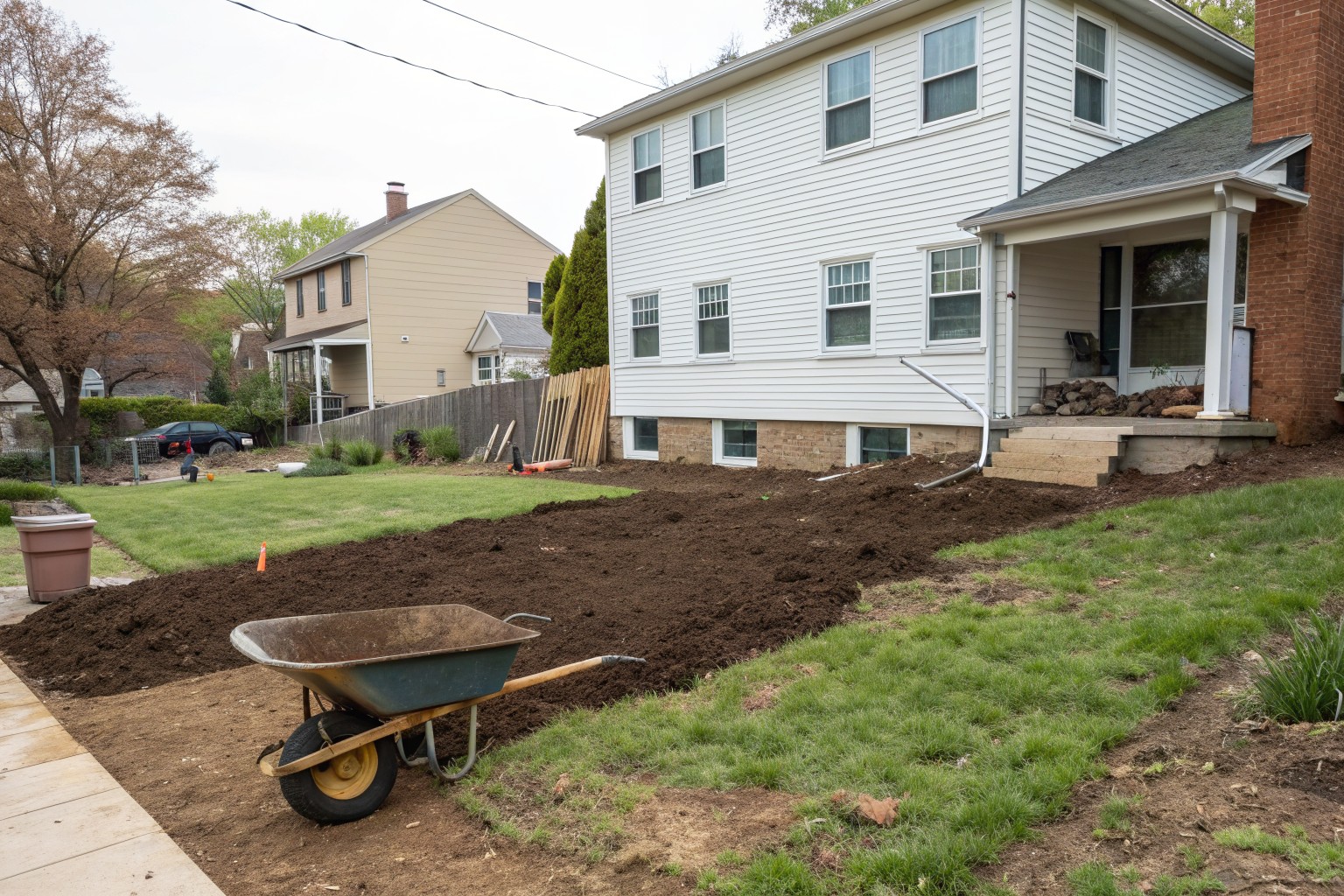 Fresh topsoil graded away from an older frame house, with a wheelbarrow and straw over new seed