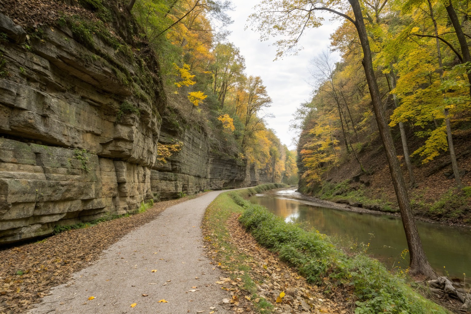 A gravel towpath beside an old canal and a wooded river gorge in early fall