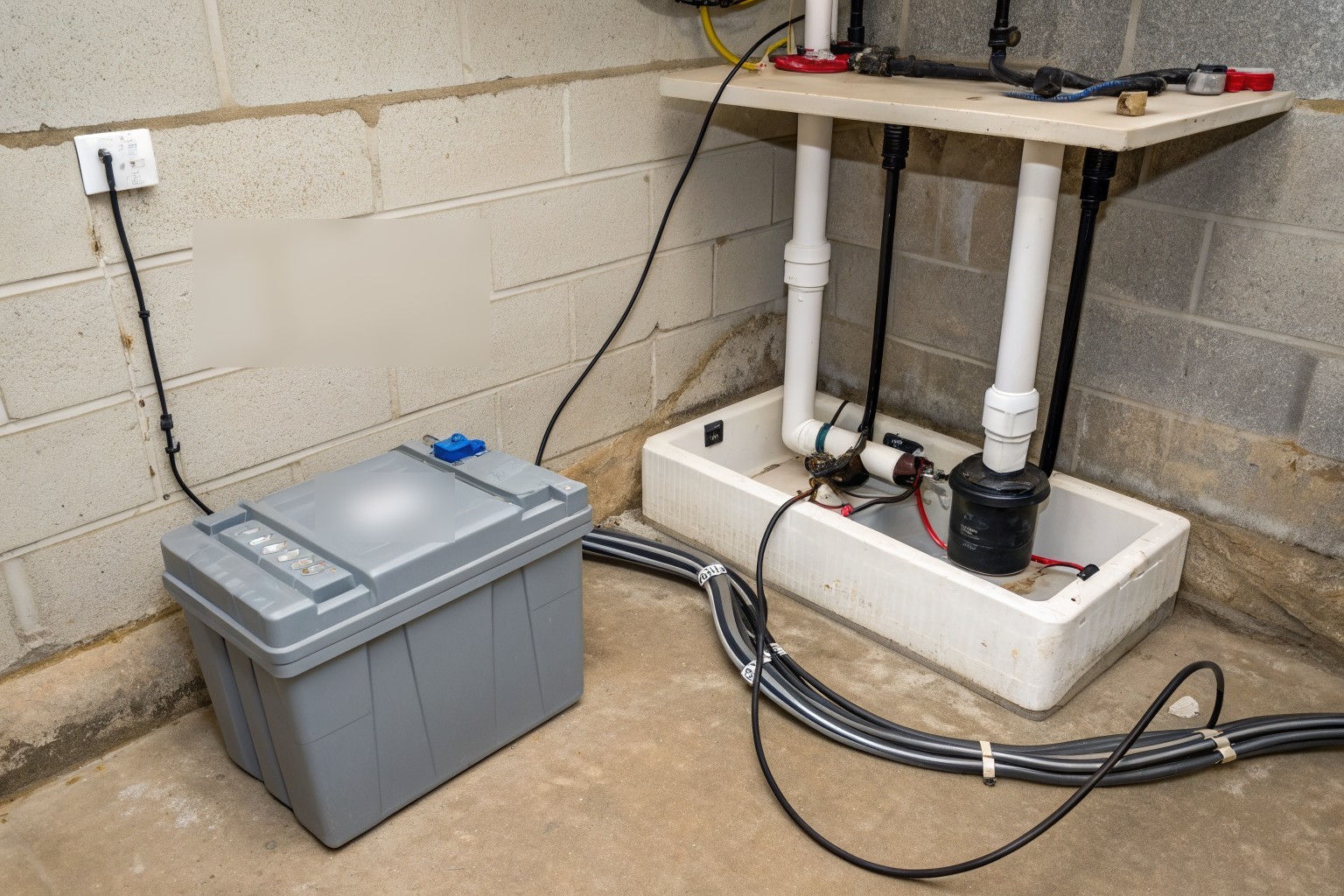 A gray battery box and two pumps on separate discharge pipes at a basement sump