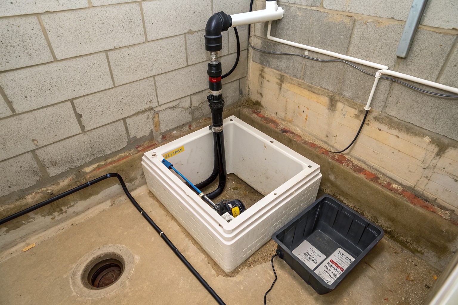 A sump basin in a basement corner with a pump and a black discharge pipe up the block wall