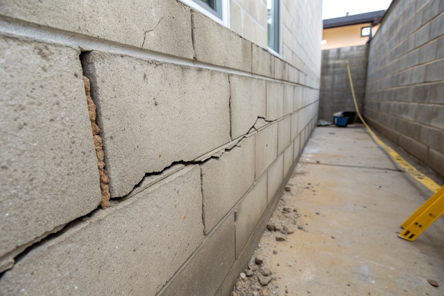 A horizontal crack along a mortar joint of a block basement wall that bows slightly inward