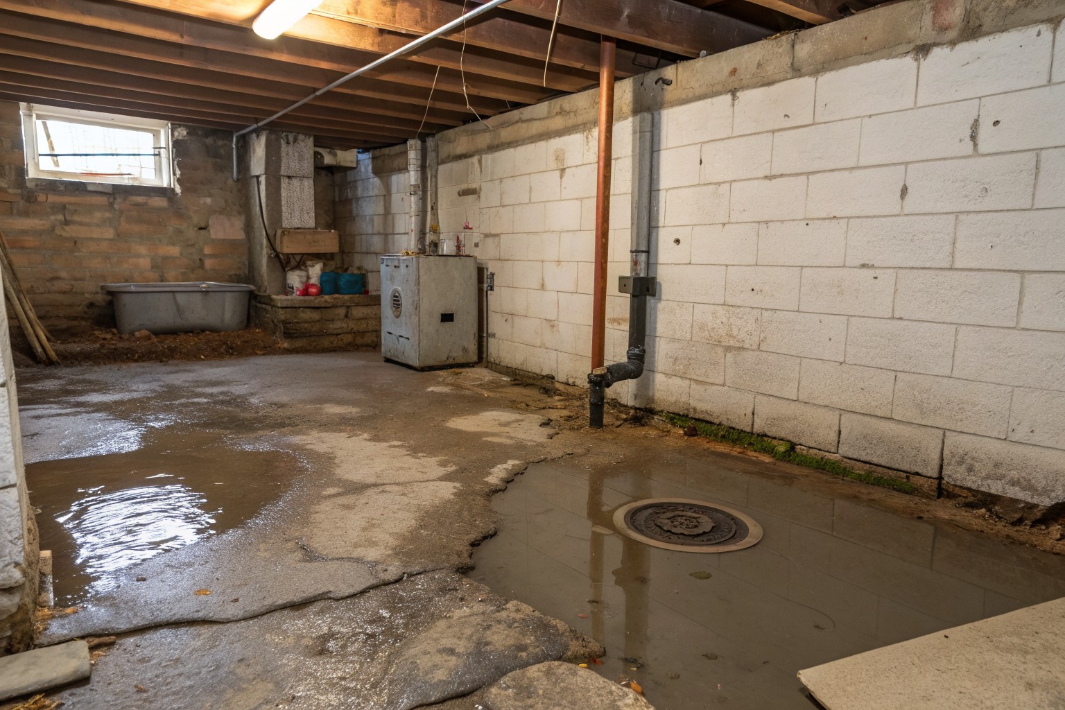 Water pooled around a floor drain and along a sandstone block wall in an old basement with a laundry sink