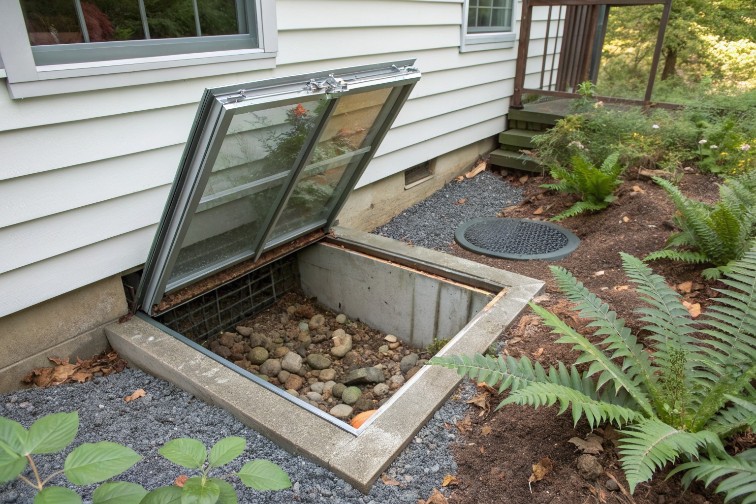 A window well filled with stone beside an older house, its cover lifted open, framed by ferns